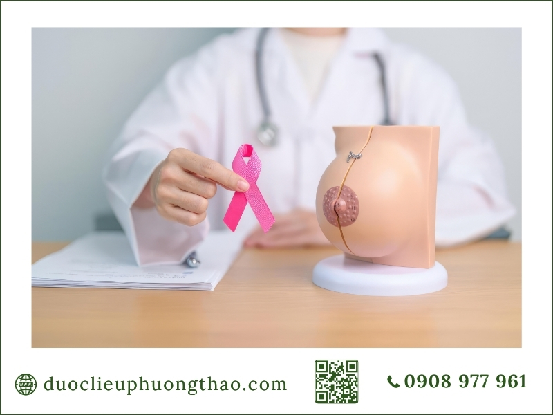 Bác sĩ tư vấn tầm soát u vú bên mô hình cấu trúc tuyến vú